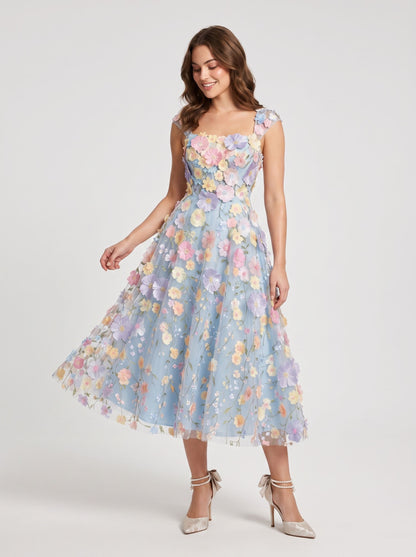 Sky Blue Tulle A-Line Square Neck Zipper Back Tea-Length Dress - Aabei Dress