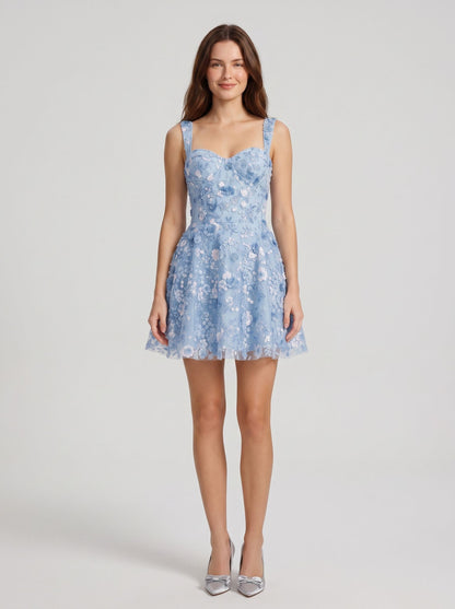 Sky Blue Tulle A-Line Sweetheart Lace-up Back Above Knee Dress - Aabei Dress