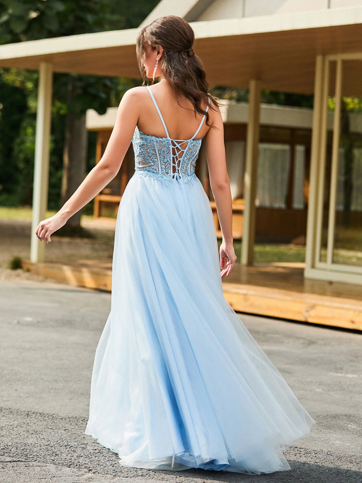 Sky Blue Tulle A-Line Sweetheart Lace-Up Back Floor-Length Dress Back View - Aabei Dress