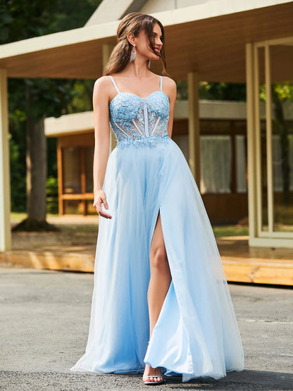 Sky Blue Tulle A-Line Sweetheart Lace-Up Back Floor-Length Dress - Aabei Dress