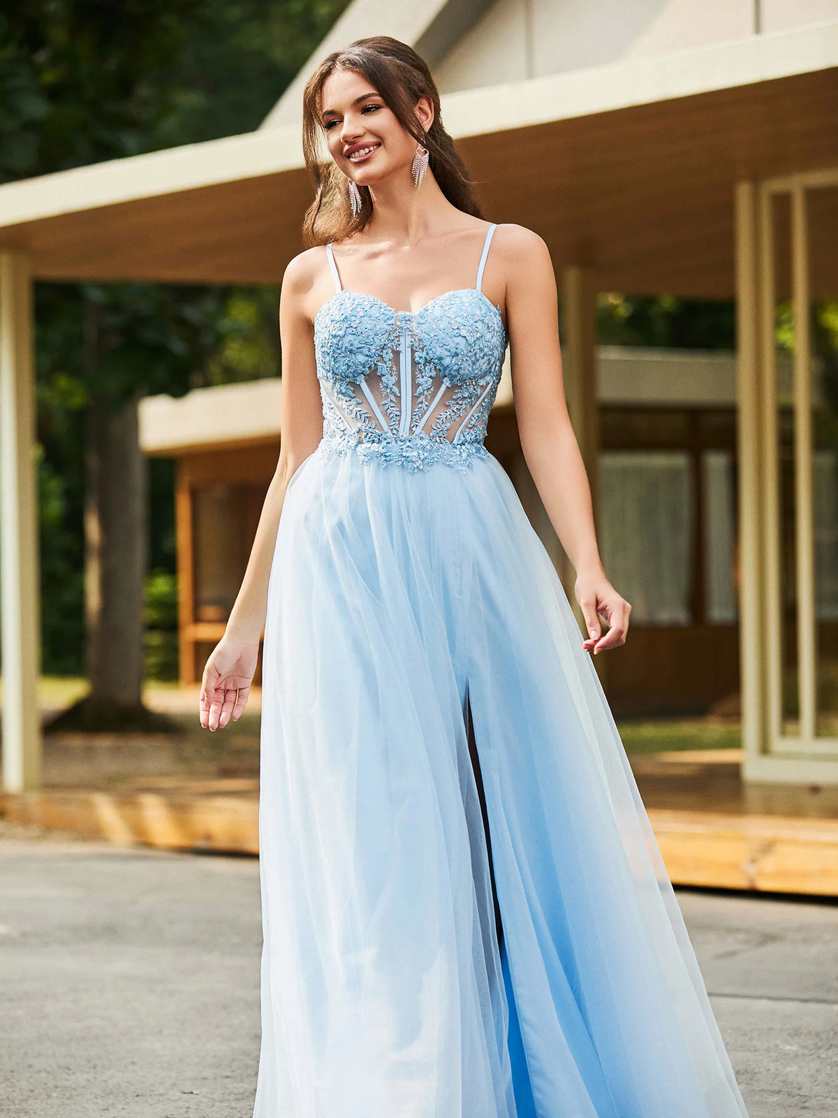 Sky Blue Tulle A-Line Sweetheart Lace-Up Back Floor-Length Dress - Aabei Dress