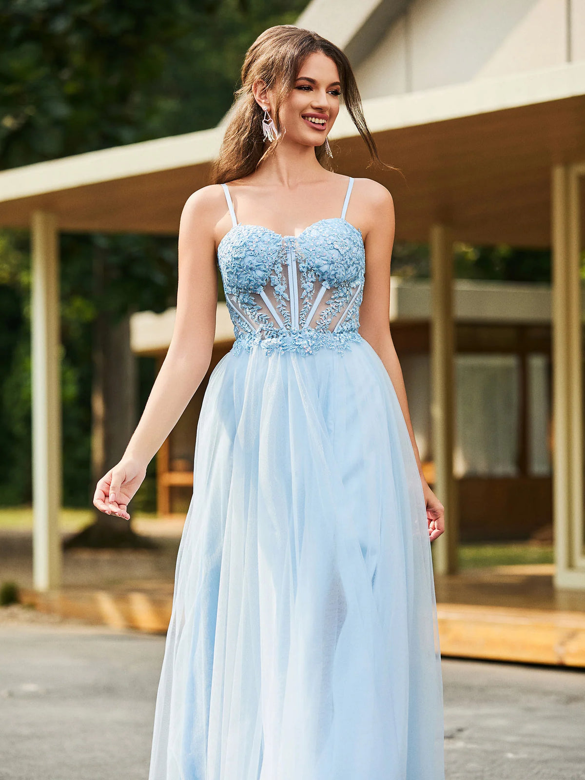 Sky Blue Tulle A-Line Sweetheart Lace-Up Back Floor-Length Dress - Aabei Dress