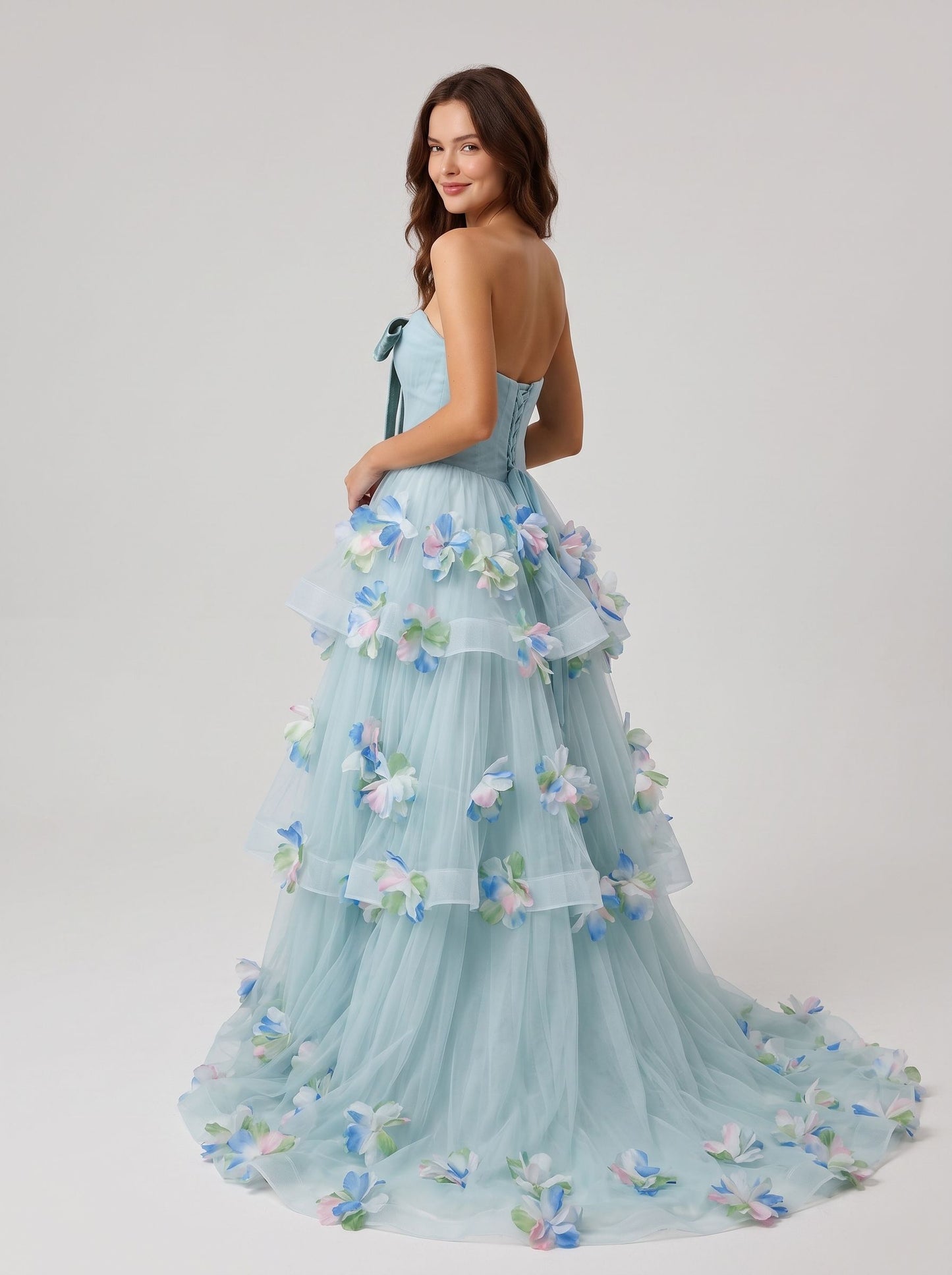 Sky Blue Tulle Ball Gown Sweetheart Lace-up Back Floor Length Dress Back View - Aabei Dress