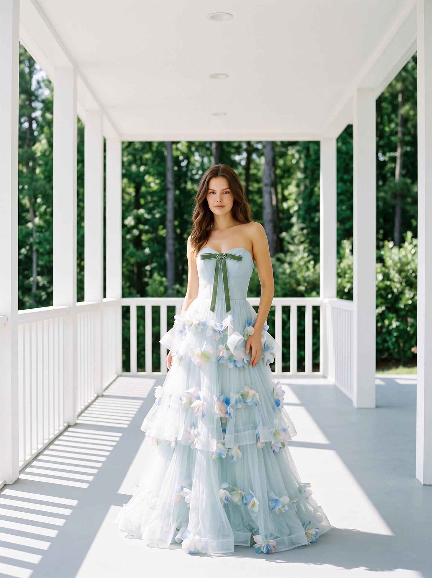 Sky Blue Tulle Ball Gown Sweetheart Lace-up Back Floor Length Dress Front View - Aabei Dress