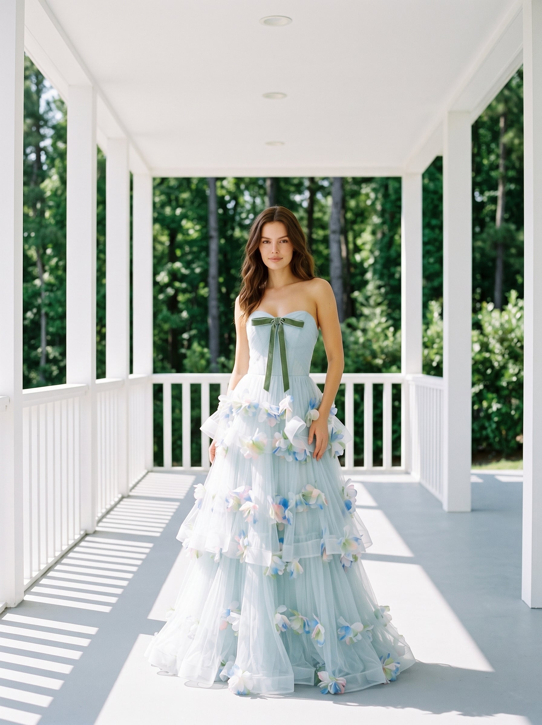 Sky Blue Tulle Ball Gown Sweetheart Lace-up Back Floor Length Dress Front View - Aabei Dress