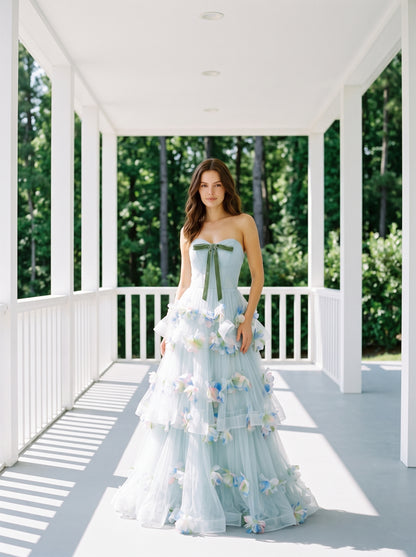 Sky Blue Tulle Ball Gown Sweetheart Lace-up Back Floor Length Dress Front View - Aabei Dress