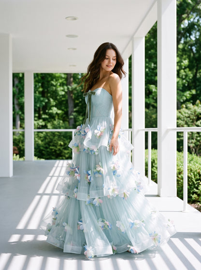 Sky Blue Tulle Ball Gown Sweetheart Lace-up Back Floor Length Dress - Aabei Dress