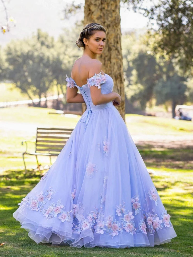 Sky Blue Tulle Ball Gown Sweetheart Lace-Up Floor-Length Dress Back View - Aabei Dress