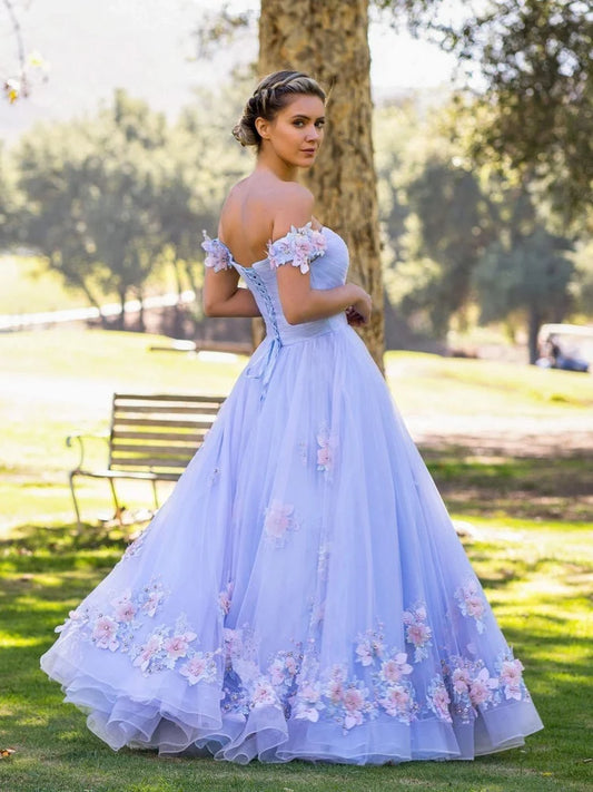 Sky Blue Tulle Ball Gown Sweetheart Lace-Up Floor-Length Dress Back View - Aabei Dress