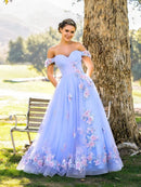 Sky Blue Tulle Ball Gown Sweetheart Lace-Up Floor-Length Dress Front View - Aabei Dress