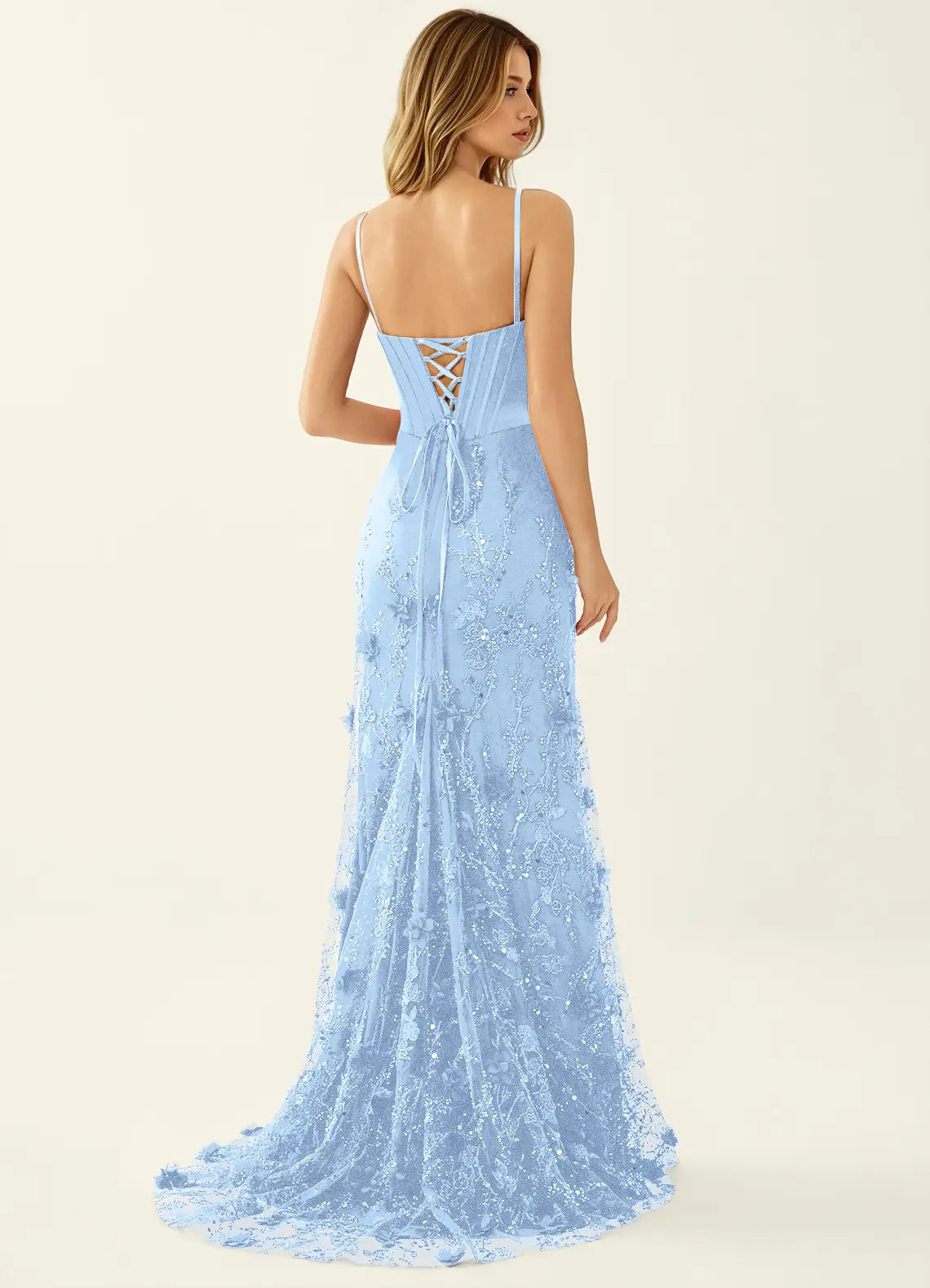 Sky Blue Tulle & Mesh Sheath Column Strapless Lace Up Back Floor Length Dress Back View - Aabei Dress