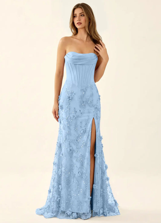 Sky Blue Tulle & Mesh Sheath Column Strapless Lace Up Back Floor Length Dress Front View - Aabei Dress