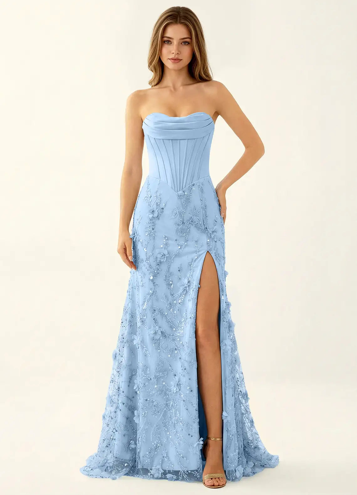 Sky Blue Tulle & Mesh Sheath Column Strapless Lace Up Back Floor Length Dress - Aabei Dress