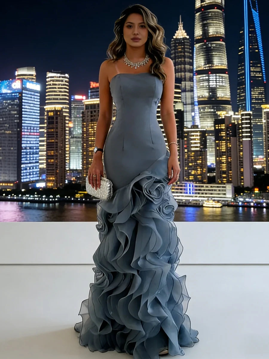 Slate Blue Crepe & Chiffon Mermaid Straight Across Floor Length Dress - Aabei Dress