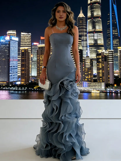 Slate Blue Crepe & Chiffon Mermaid Straight Across Floor Length Dress - Aabei Dress