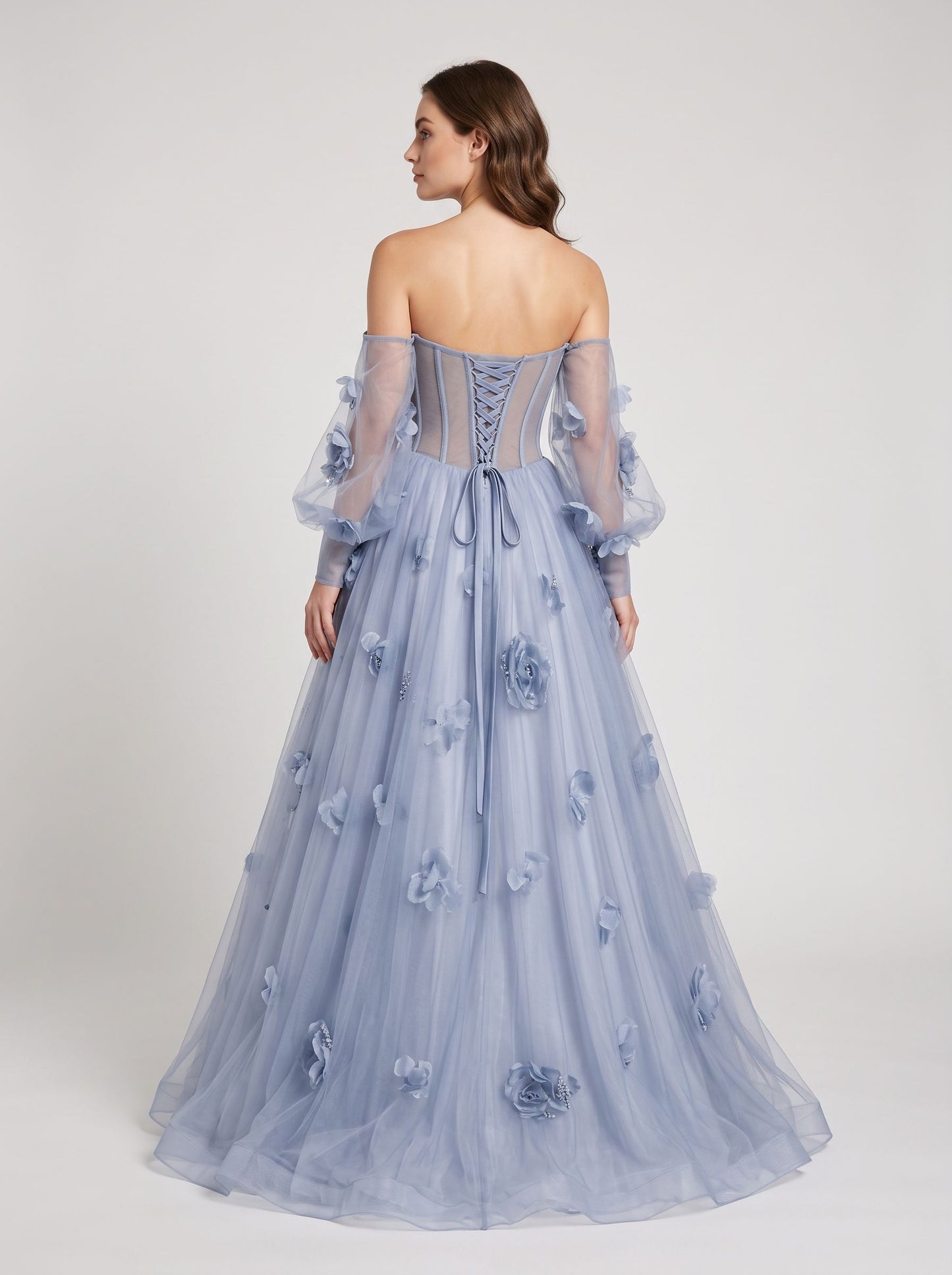 Slate Blue Tulle a-line off-the-shoulder lace-up-back floor-length Dress Back View - Aabei Dress