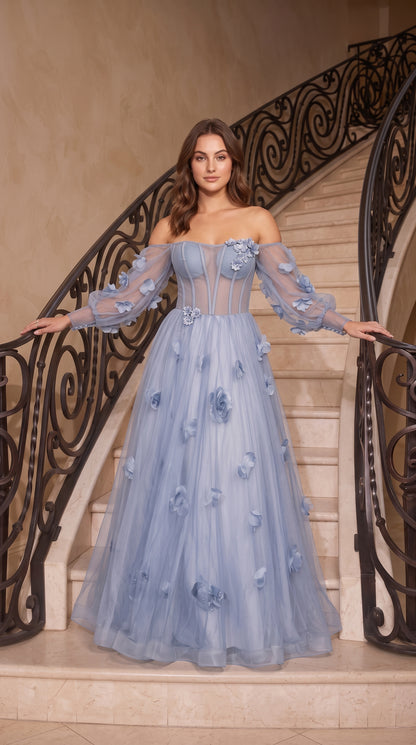 Slate Blue Tulle a-line off-the-shoulder lace-up-back floor-length Dress Front View - Aabei Dress