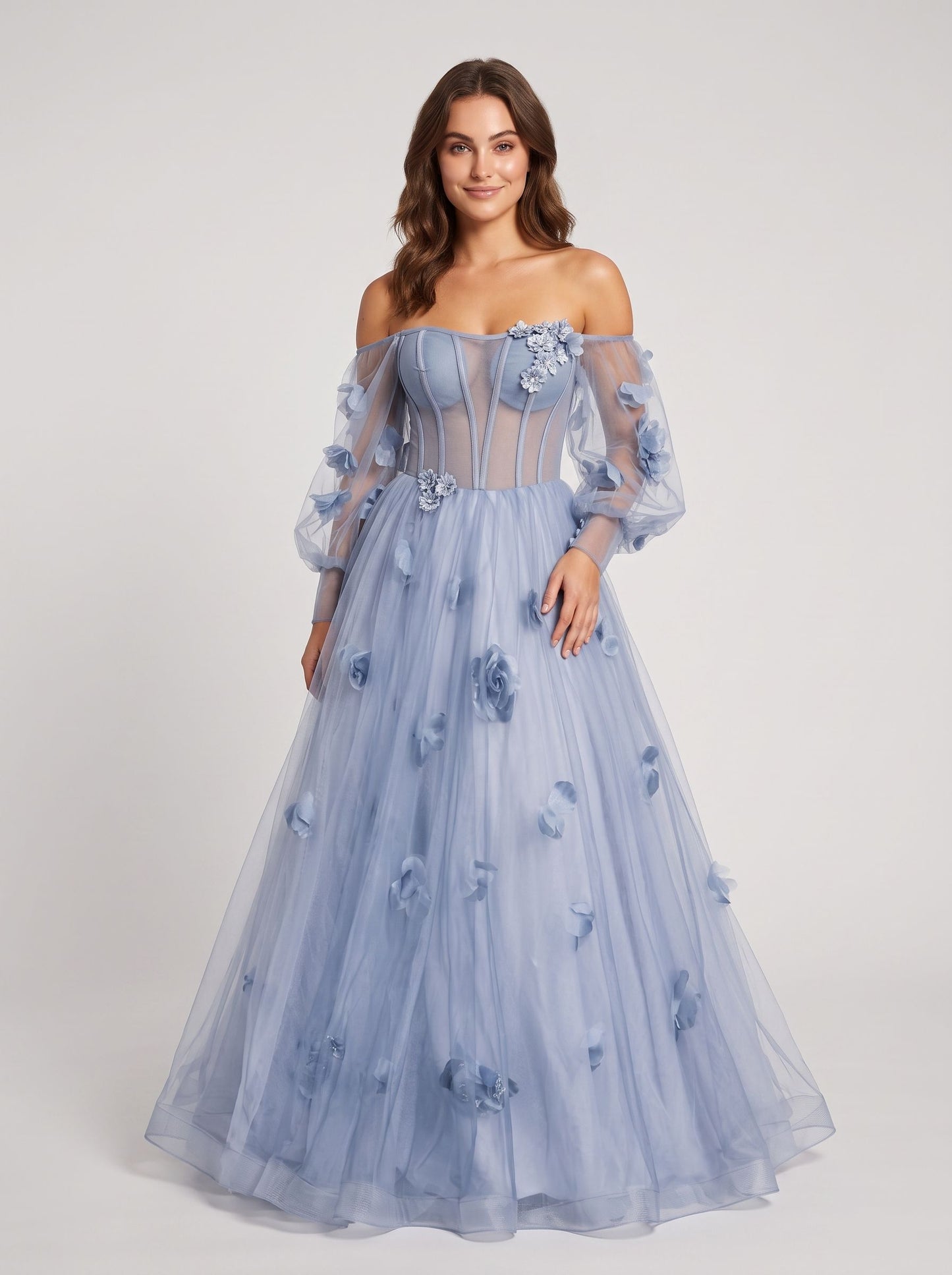 Slate Blue Tulle a-line off-the-shoulder lace-up-back floor-length Dress - Aabei Dress
