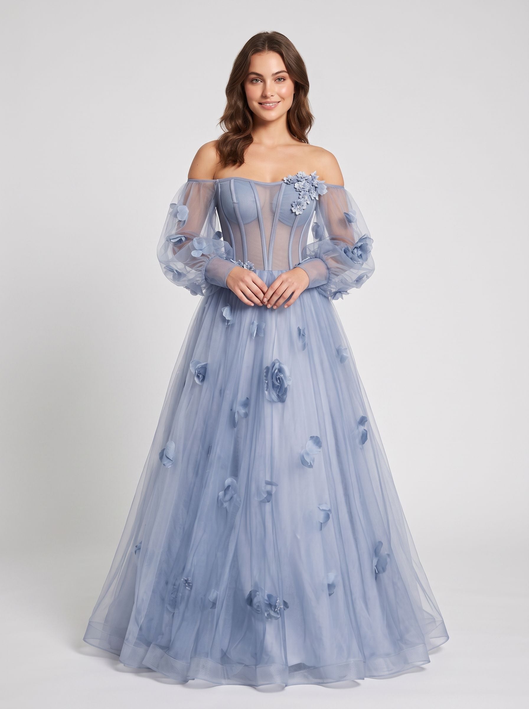 Slate Blue Tulle a-line off-the-shoulder lace-up-back floor-length Dress - Aabei Dress