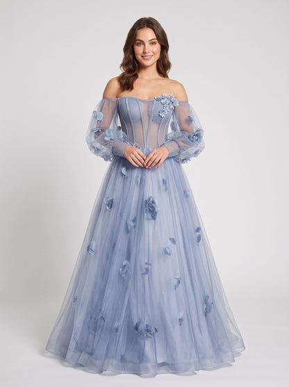 Slate Blue Tulle a-line off-the-shoulder lace-up-back floor-length Dress - Aabei Dress