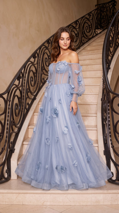 Slate Blue Tulle a-line off-the-shoulder lace-up-back floor-length Dress - Aabei Dress