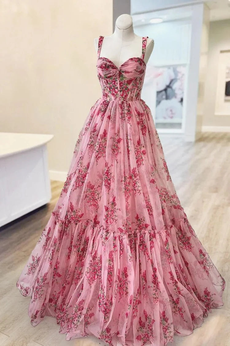 Romantic Floral A-Line Bridesmaid Dress Spaghetti Strap Lace Up Back Tulle Gown