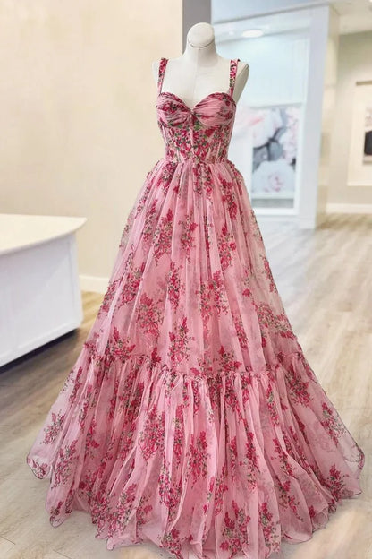 Romantic Floral A-Line Bridesmaid Dress Spaghetti Strap Lace Up Back Tulle Gown