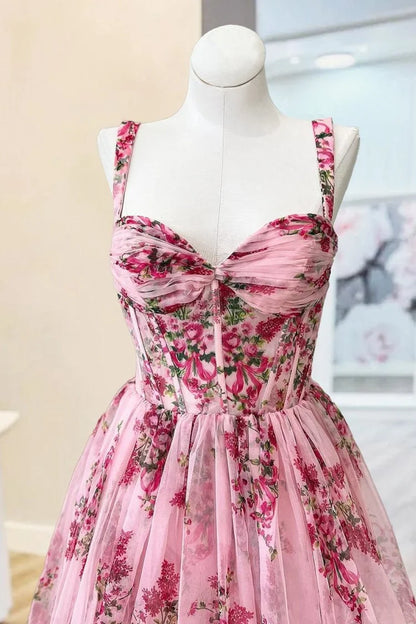 Romantic Floral A-Line Bridesmaid Dress Spaghetti Strap Lace Up Back Tulle Gown