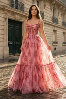 Romantic Floral A-Line Bridesmaid Dress Spaghetti Strap Lace Up Back Tulle Gown