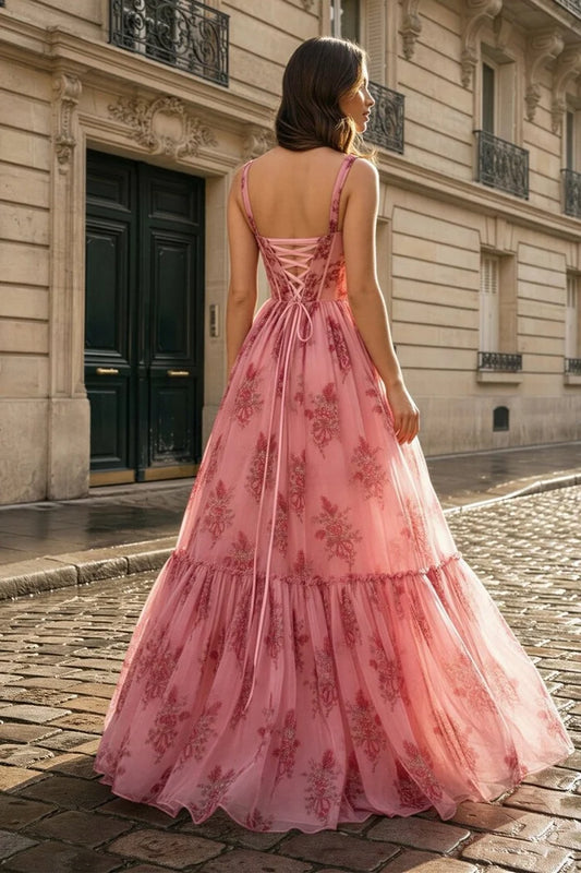 Romantic Floral A-Line Bridesmaid Dress Spaghetti Strap Lace Up Back Tulle Gown