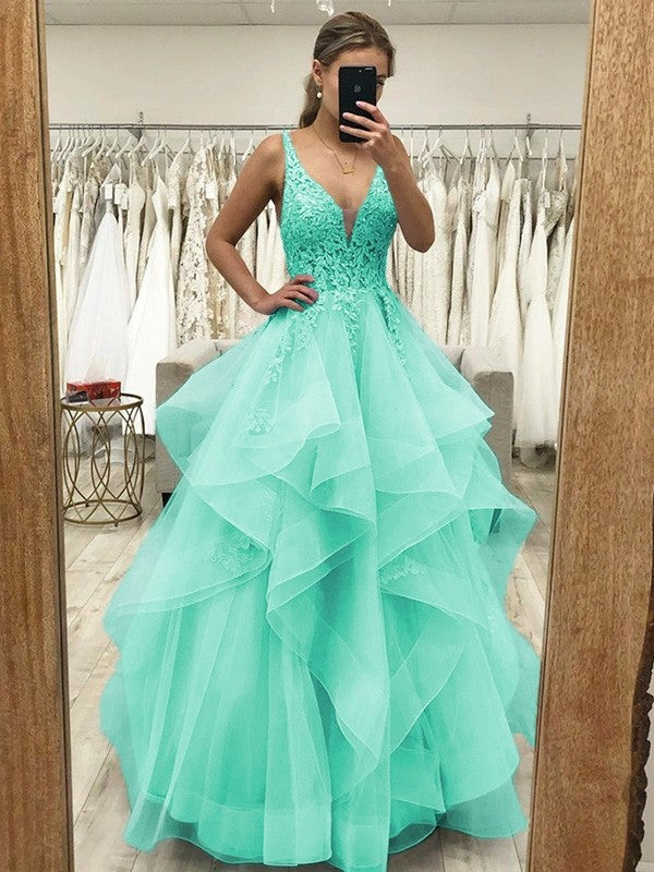Ball Gown A-Line Prom Dresses Princess Dress Formal Wedding Guest Floor Length Sleeveless V Neck Tulle Backless with Pleats Ruched Appliques