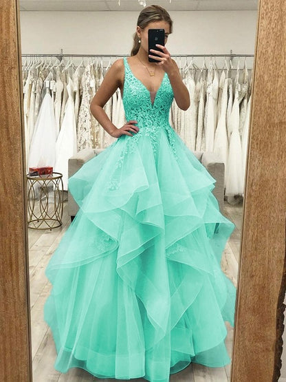 Ball Gown A-Line Prom Dresses Princess Dress Formal Wedding Guest Floor Length Sleeveless V Neck Tulle Backless with Pleats Ruched Appliques