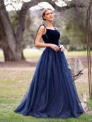Navy Square Neck Velvet & Sparkle Tulle Prom Dress Tie Shoulder Straps Lace-Up Back A-Line Formal Gown