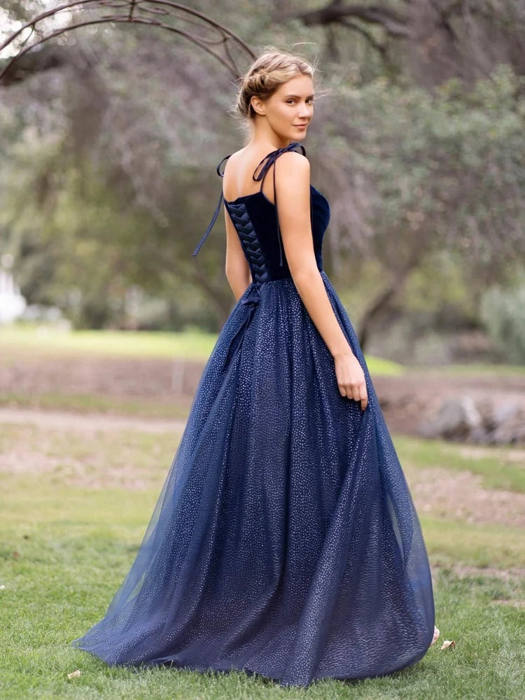 Navy Square Neck Velvet & Sparkle Tulle Prom Dress Tie Shoulder Straps Lace-Up Back A-Line Formal Gown