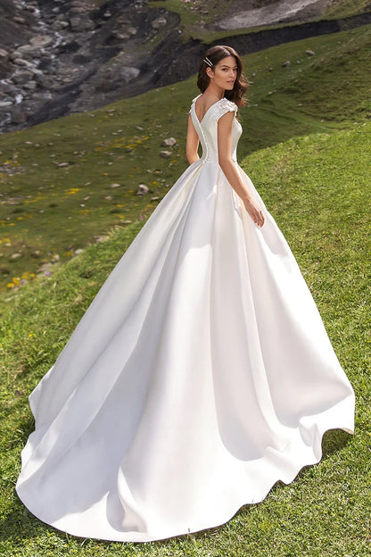 Timeless Ball-Gown Boat-Neck Cap-Sleeve Lace-Up-Back Train-Length Wedding Dress