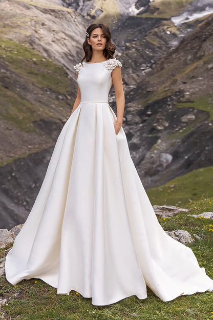 Timeless Ball-Gown Boat-Neck Cap-Sleeve Lace-Up-Back Train-Length Wedding Dress
