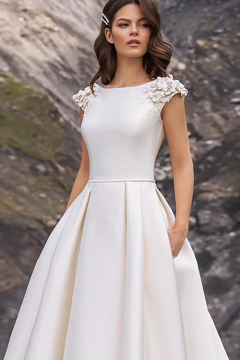 Timeless Ball-Gown Boat-Neck Cap-Sleeve Lace-Up-Back Train-Length Wedding Dress