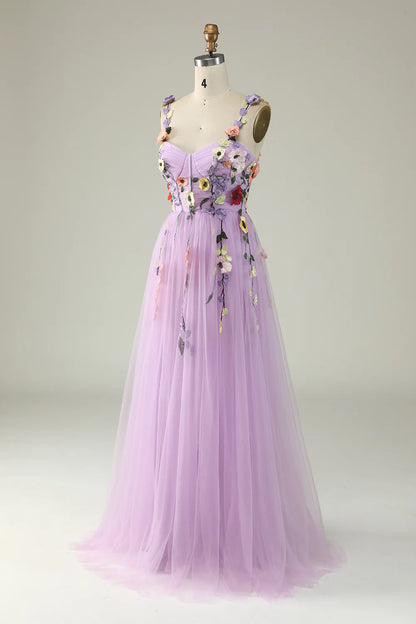 Prom Dress A Line Spaghetti Straps Tulle With 3D Flowers Backless Sweet Formal Wear Dresses