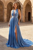 Steel Blue Satin A Line Halter Open Back Floor Length Dress Front View - Aabei Dress