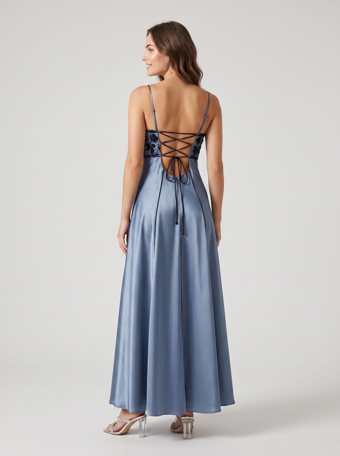 Steel Blue Satin and Embroidered Mesh A-Line Straight Across Ankle-Length Dress Back View - Aabei Dress
