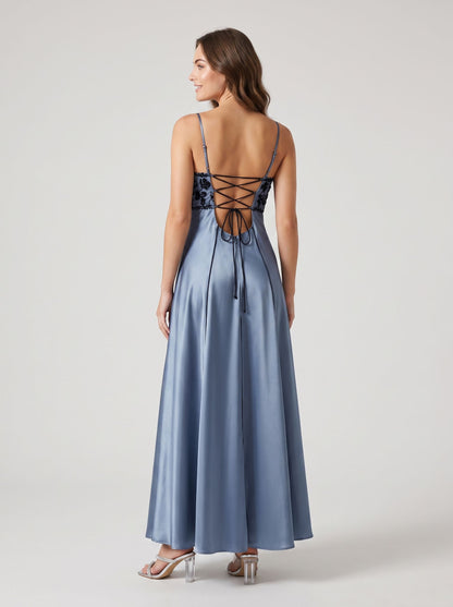 Steel Blue Satin and Embroidered Mesh A-Line Straight Across Ankle-Length Dress Back View - Aabei Dress
