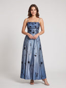 Steel Blue Satin and Embroidered Mesh A-Line Straight Across Ankle-Length Dress Front View - Aabei Dress