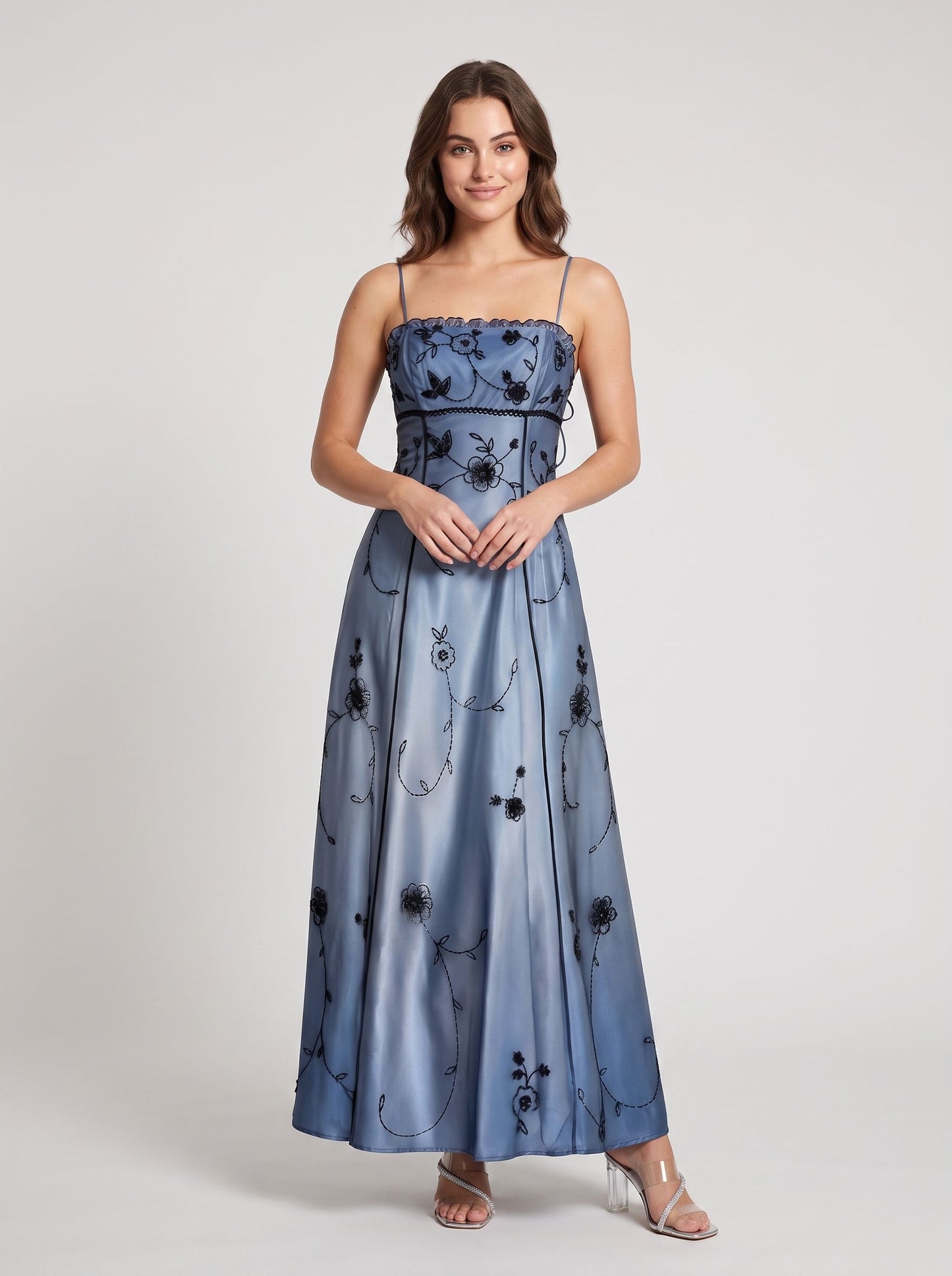 Steel Blue Satin and Embroidered Mesh A-Line Straight Across Ankle-Length Dress Front View - Aabei Dress