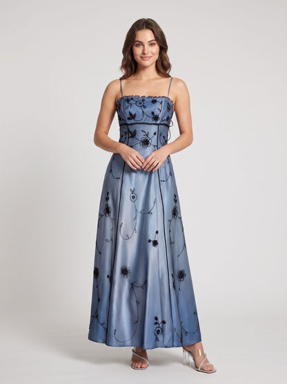 Steel Blue Satin and Embroidered Mesh A-Line Straight Across Ankle-Length Dress Front View - Aabei Dress
