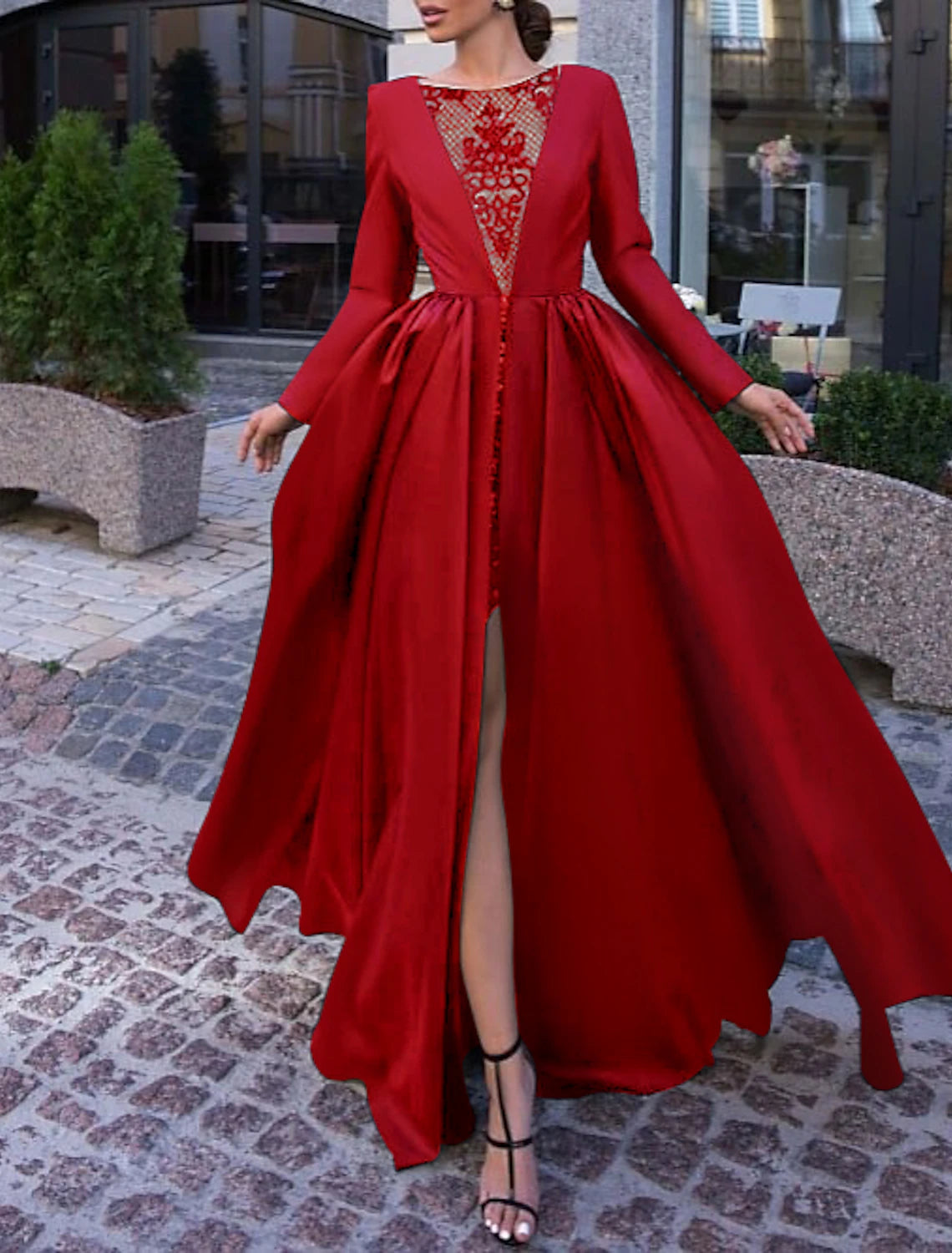 Ball Gown Evening Gown Black Dress Plus Size Vintage Halloween Wedding Party Sweep / Brush Train Long Sleeve Illusion Neck Wednesday Addams Family Satin with Slit Overskirt
