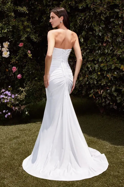 Wedding Dress November December Wedding Stretch Spandex Satin Lace-up Corset Back Closure Strapless Pointed V-Neckline Gathered Waistline Leg Slit Dress