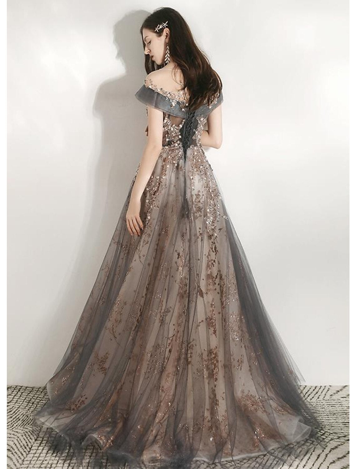 A-Line Prom Dresses Jewel Neck Short Sleeve Beautiful Back Floor Length Tulle with Crystals / Bandage