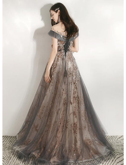 A-Line Prom Dresses Jewel Neck Short Sleeve Beautiful Back Floor Length Tulle with Crystals / Bandage