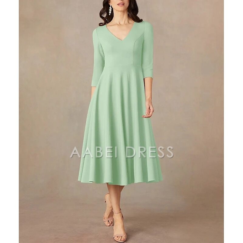 AABEI DRESS Wedding Guest Dress Elegant A-Line V Neck Tea Length 3/4 Length Sleeve Minimalist Mother of the Bride Dress
