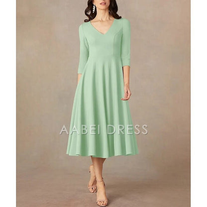 AABEI DRESS Wedding Guest Dress Elegant A-Line V Neck Tea Length 3/4 Length Sleeve Minimalist Mother of the Bride Dress
